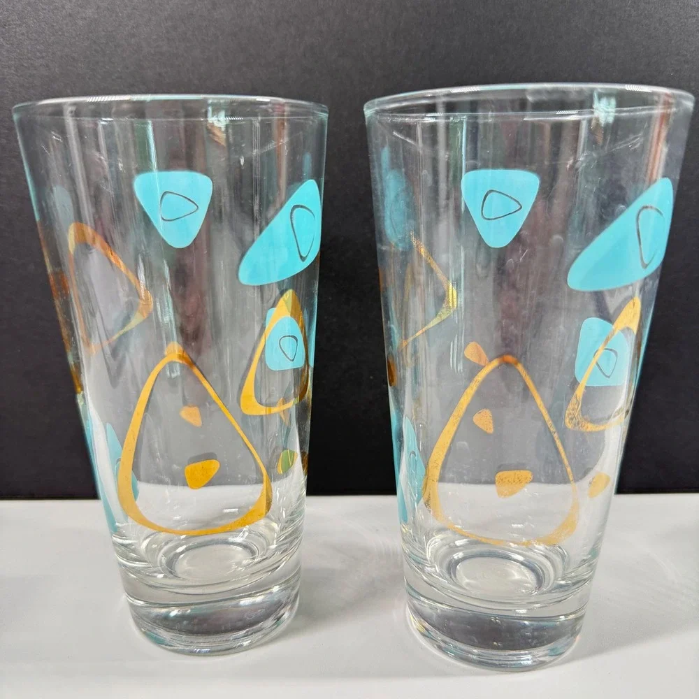 Vintage Mid Century Modern Atomic Boomerang Highball Glasses Teal Gold Set of 2